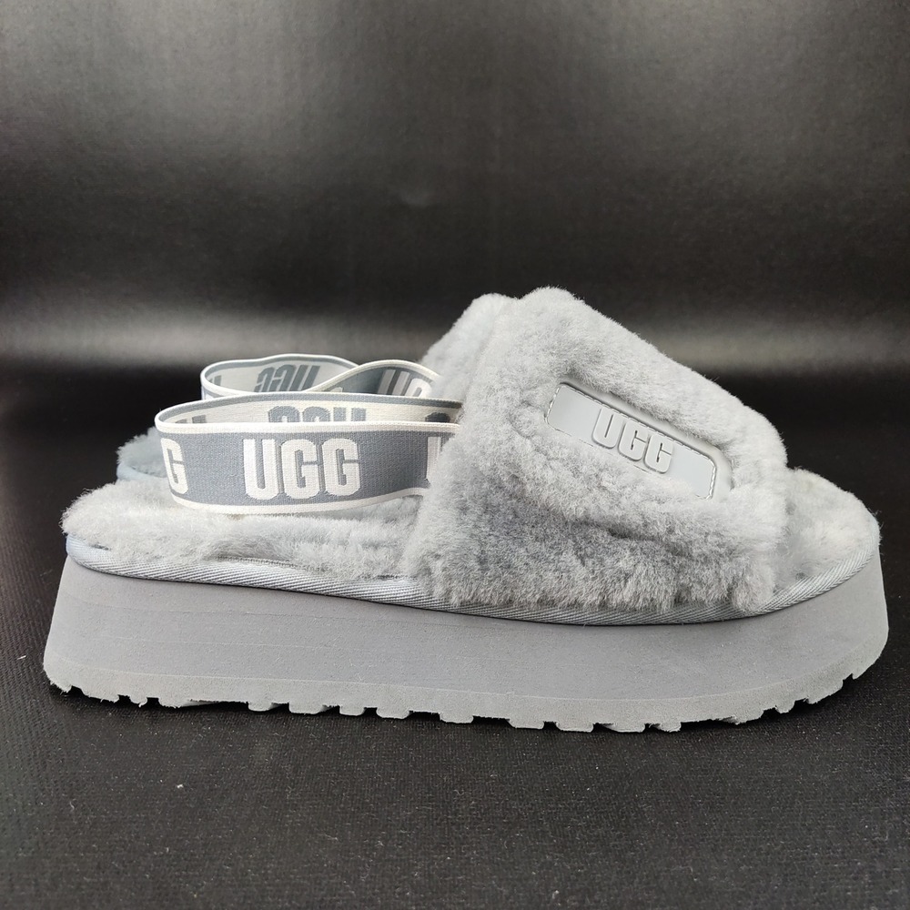 UGG Sandals Women 10 Grey Fluffita Platform Slide Sheepskin Slingback 1112258